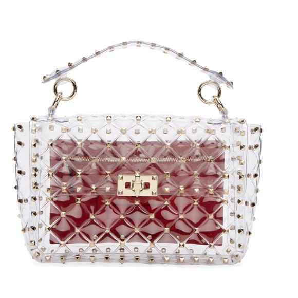 Valentino Handbags - Valentino Clear/Red PVC Medium Rockstud Spike Top Handle Bag & Cross Body Strap